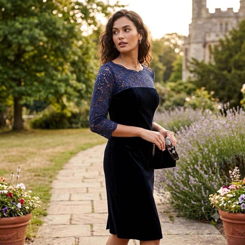 Eliza J Size 16 Navy Blue Velvet Lace Formal Holiday Knee Length Sheath Dress